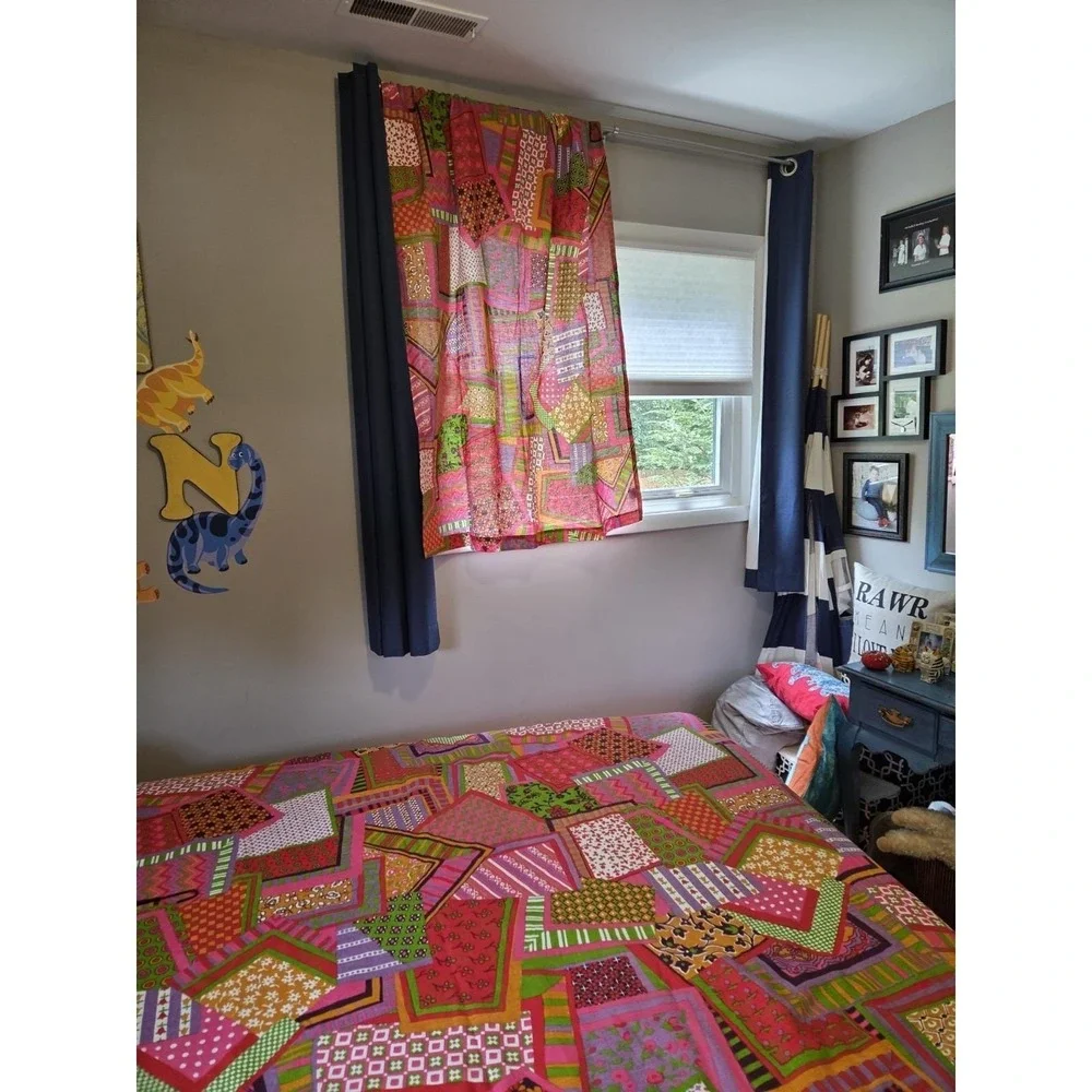 Bates Bedspreads Patchwork 60s 70s Funky Bright Double Fringe Curtains Lot
